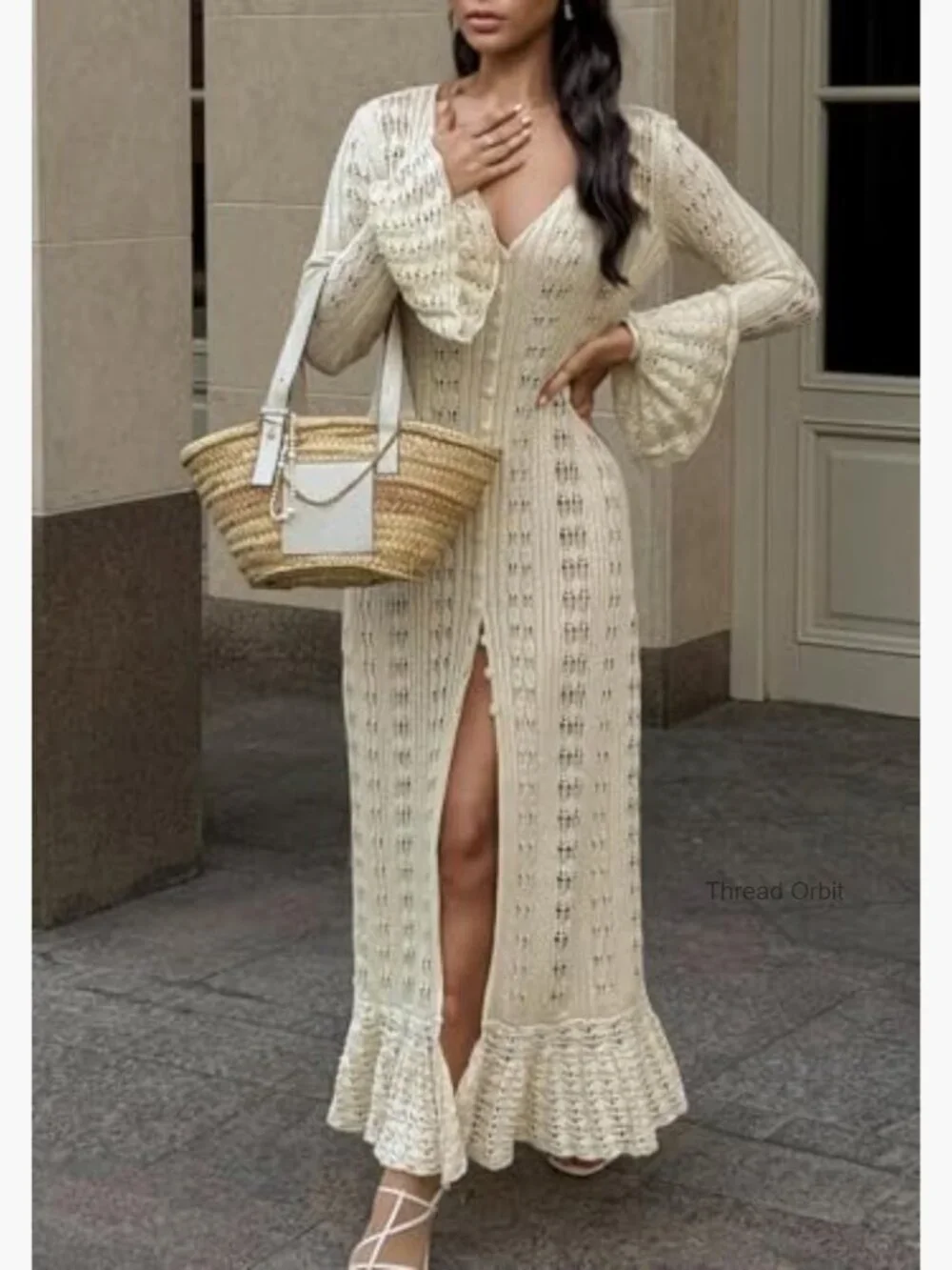 Women's Long Crochet Cardigan Bell Sleeve Ruffle Knit Lightweight Duster